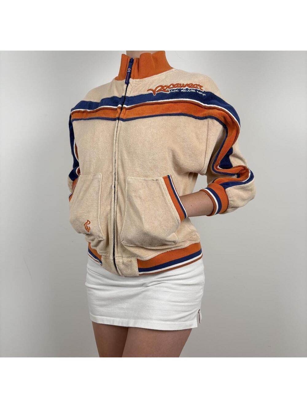 Y2K Rocawear zip up jacket with orange, blue, and white stripes.